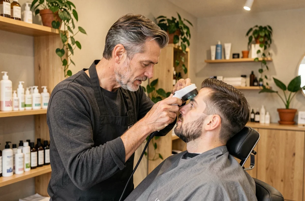 Styliste du salon Eric Stipa à Cergy réalisant un diagnostic capillaire personnalisé dans une atmosphère bien-être