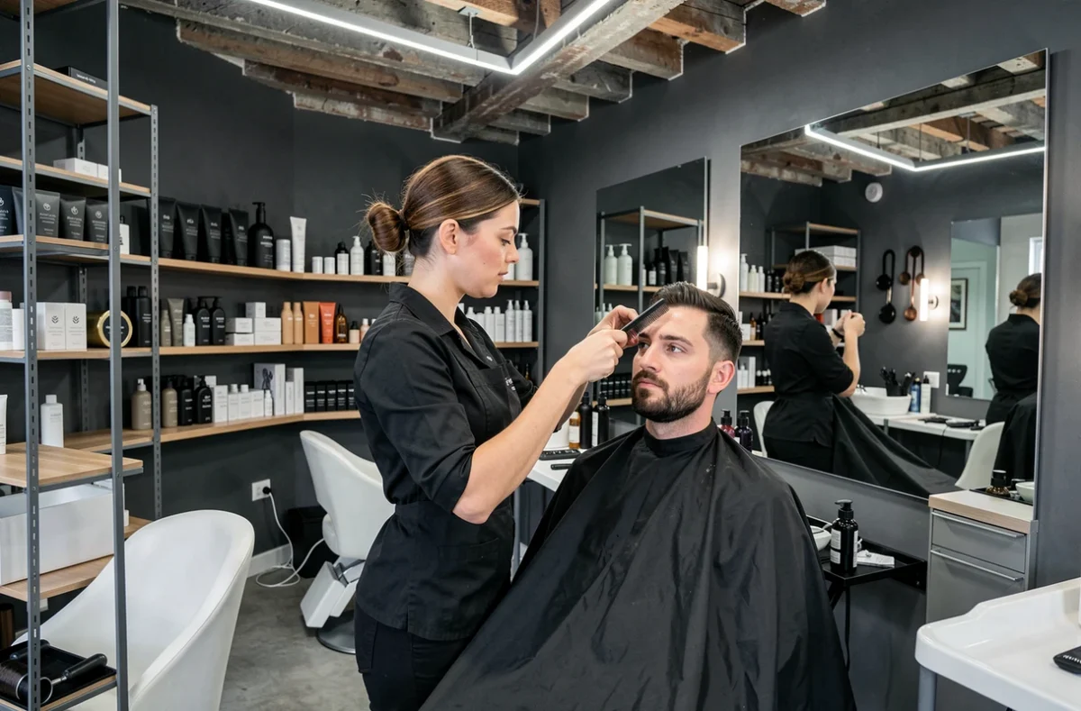 Coiffeuse coiffant un client masculin dans le salon Espace Vauban à Lorient, avec un intérieur industriel épuré et moderne