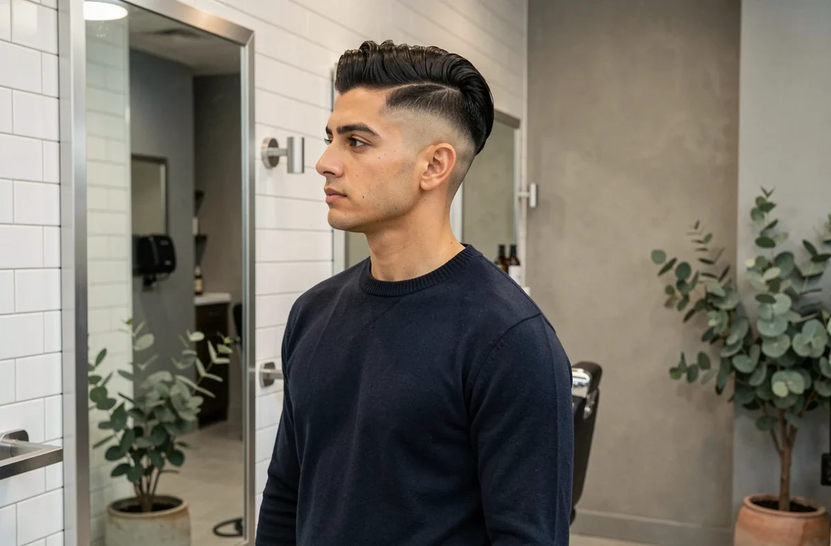Homme hispanique avec une coupe fade tapered high devant un miroir de barbershop moderne, vue de profil révélant la hauteur du dégradé