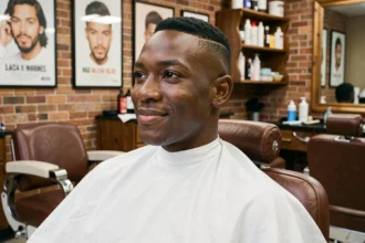 Jeune homme avec une coupe fade tapered low dans un salon de coiffure urbain, vue de trois quarts mettant en valeur les lignes nettes du dégradé