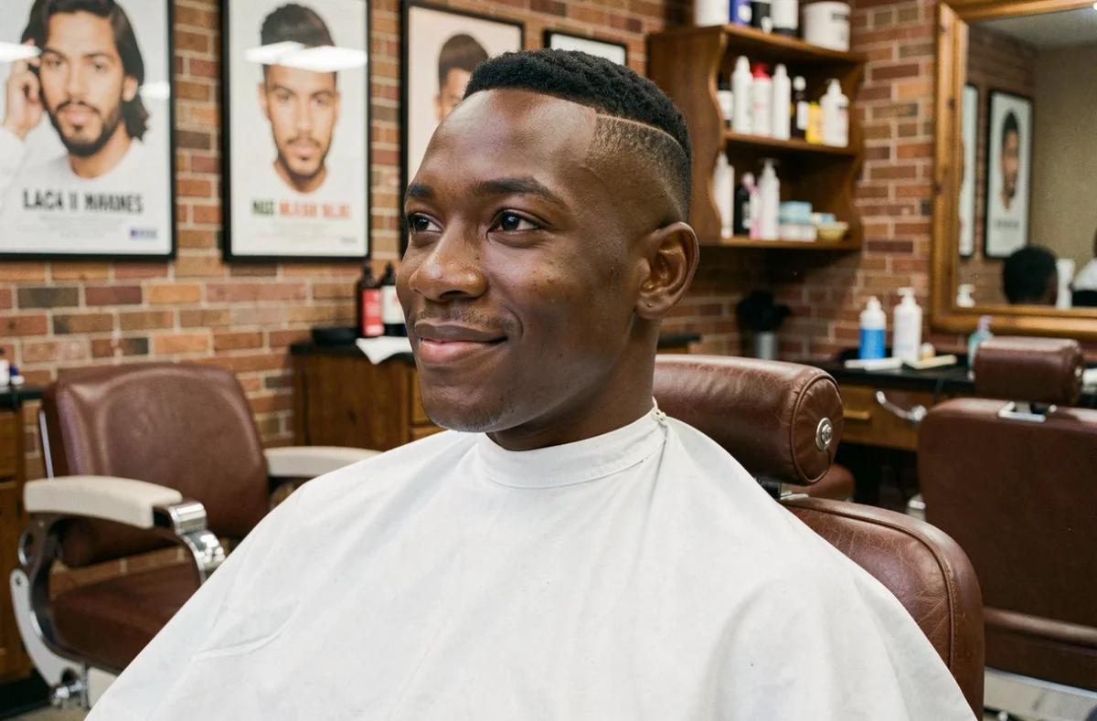 Jeune homme avec une coupe fade tapered low dans un salon de coiffure urbain, vue de trois quarts mettant en valeur les lignes nettes du dégradé