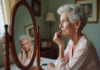 Maquillage pour femme de 70 ans : conseils et astuces adaptés ! Femme de 70 ans appliquant du rouge à lèvres dans un miroir vintage