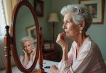 Maquillage pour femme de 70 ans : conseils et astuces adaptés ! Femme de 70 ans appliquant du rouge à lèvres dans un miroir vintage