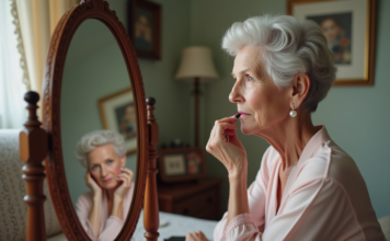 Maquillage pour femme de 70 ans : conseils et astuces adaptés ! Femme de 70 ans appliquant du rouge à lèvres dans un miroir vintage