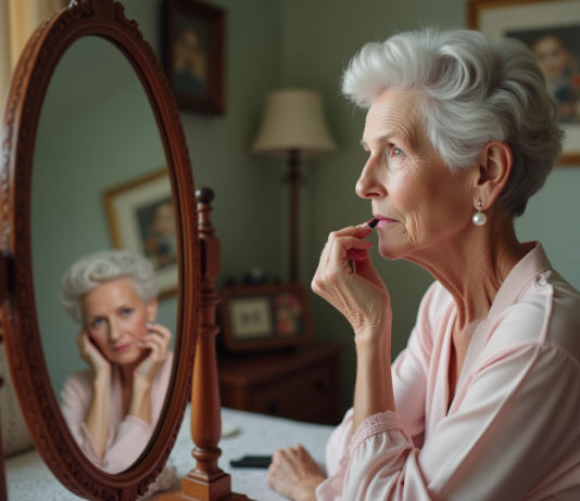 Maquillage pour femme de 70 ans : conseils et astuces adaptés ! Femme de 70 ans appliquant du rouge à lèvres dans un miroir vintage