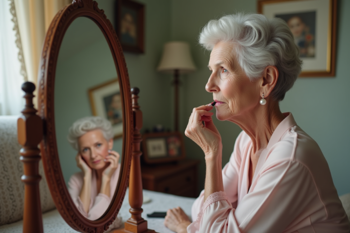 femme-70ans-maquillage-roses Femme de 70 ans appliquant du rouge à lèvres dans un miroir vintage
