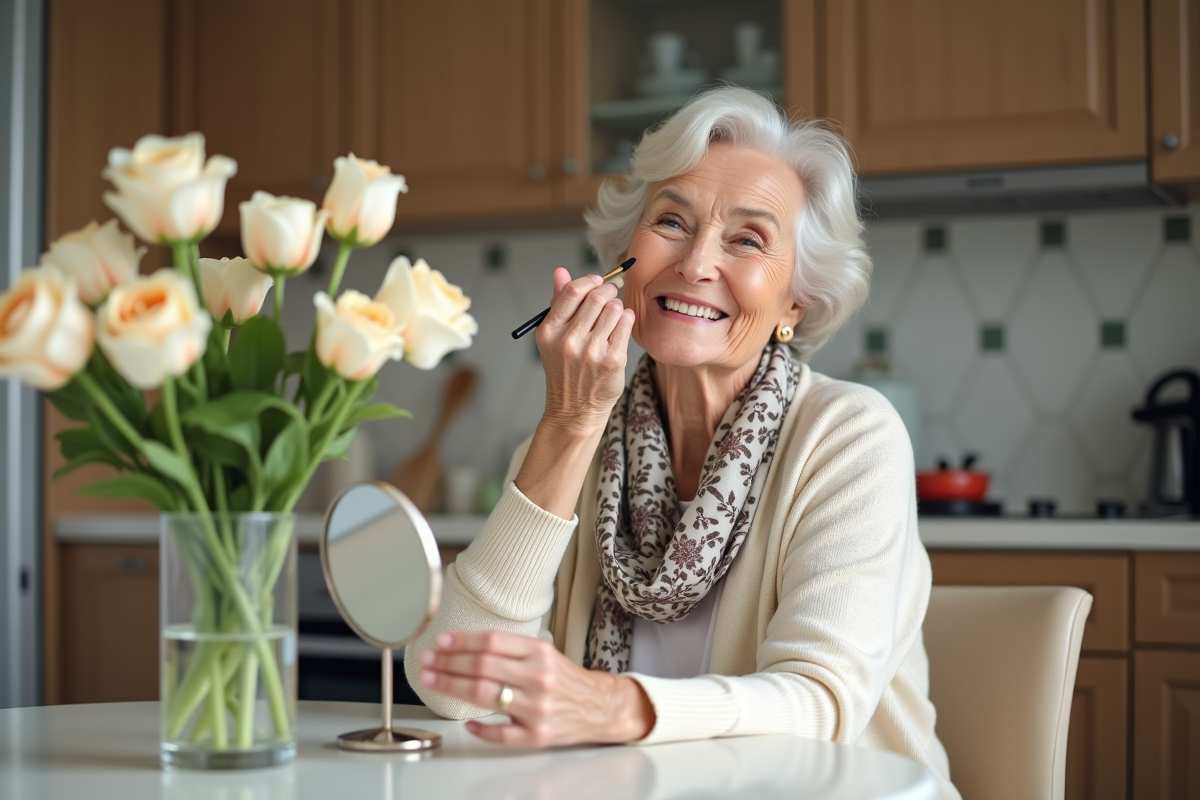 Femme âgée se maquillant dans une cuisine lumineuse et moderne