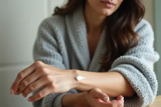 Femme appliquant une crème réparatrice Halcare sur son avant-bras dans une salle de bain naturelle