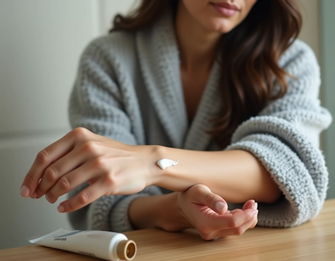 Femme appliquant une crème réparatrice Halcare sur son avant-bras dans une salle de bain naturelle