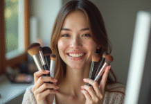 Femme avec visages variés tenant produits de maquillage
