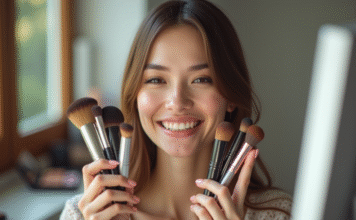 Femme avec visages variés tenant produits de maquillage