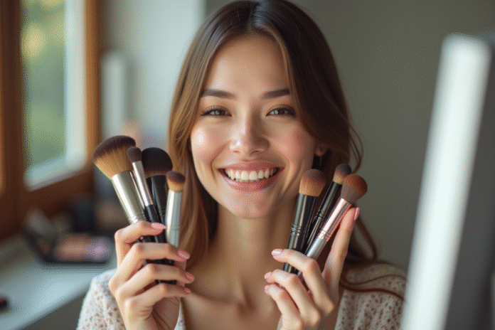 Femme avec visages variés tenant produits de maquillage