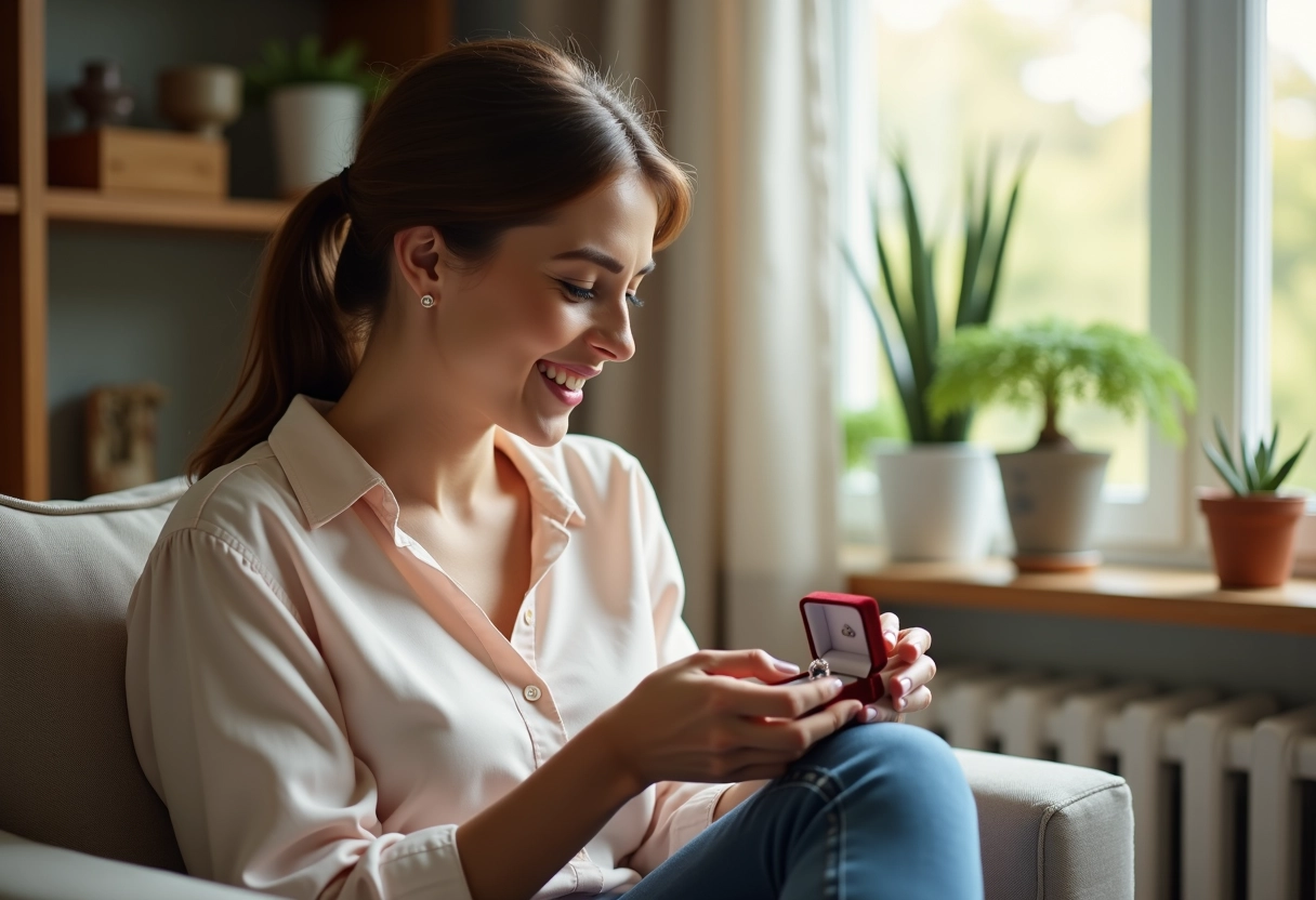 Femme examine une bague de fiançailles dans un intérieur cosy