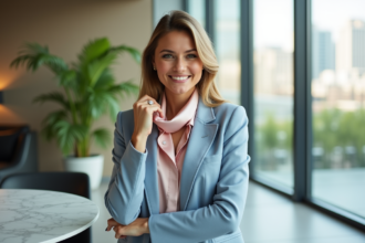 Femme élégante en blazer pastel ajustant un foulard en soie