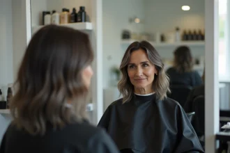 Femme brune dans la quarantaine avec un grey blending naturel aux tempes assise dans un salon de coiffure moderne