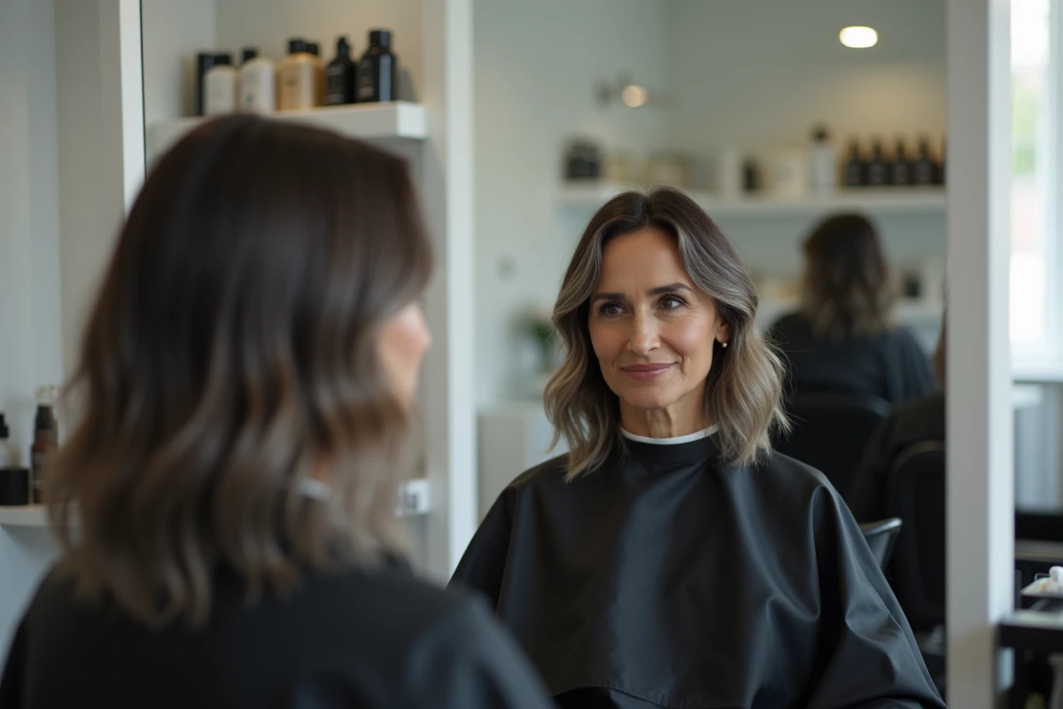 Femme brune dans la quarantaine avec un grey blending naturel aux tempes assise dans un salon de coiffure moderne