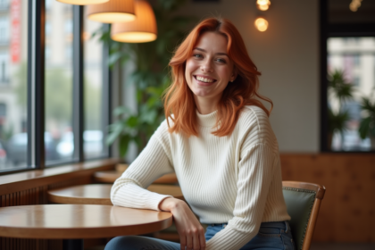 Femme élégante aux cheveux iridescents dans un café moderne