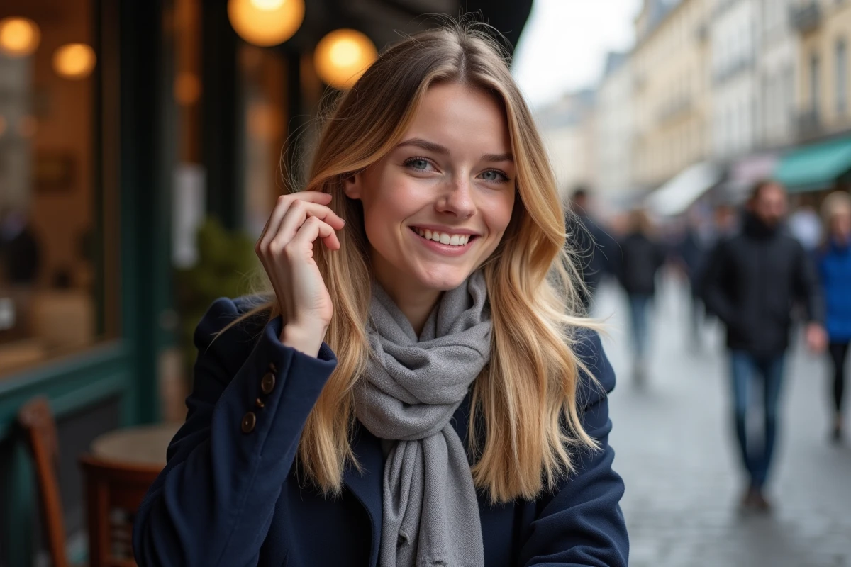 Jeune femme blonde souriante dans un café parisien