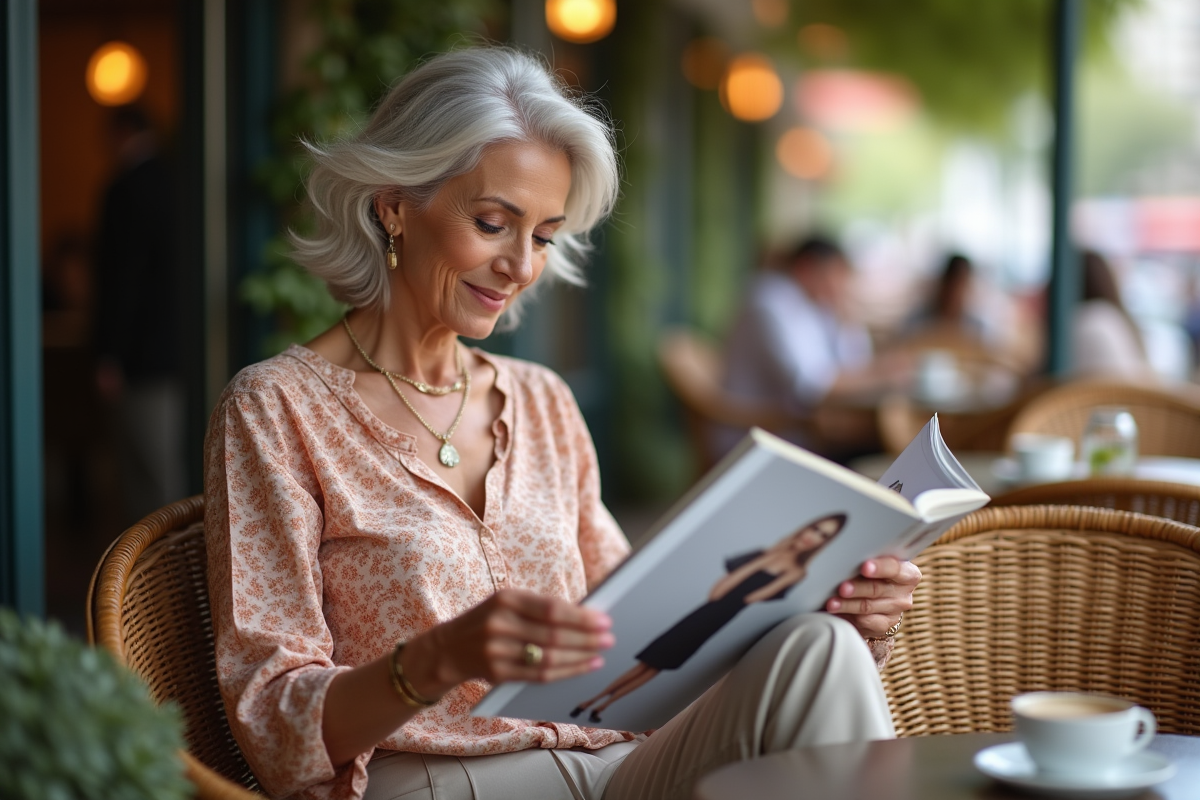Femme âgée lisant un catalogue mode en terrasse