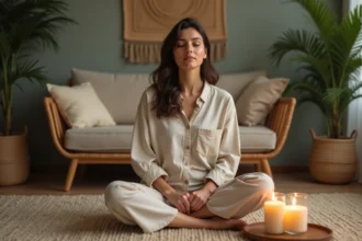 Femme paisible avec bougie jasmin dans un salon chaleureux