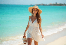 Jeune femme avec chapeau de paille souriante sur la plage