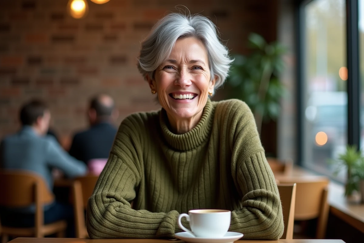Femme d'une quarantaine d'années avec une coupe courte texturée gris naturel dans un café parisien