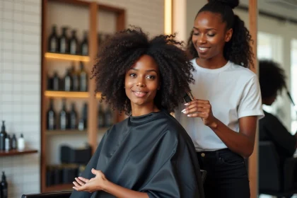 Femme aux cheveux frisés naturels en consultation avec une coiffeuse dans un salon moderne, discutant d'une coupe dégradée adaptée à sa texture de cheveux