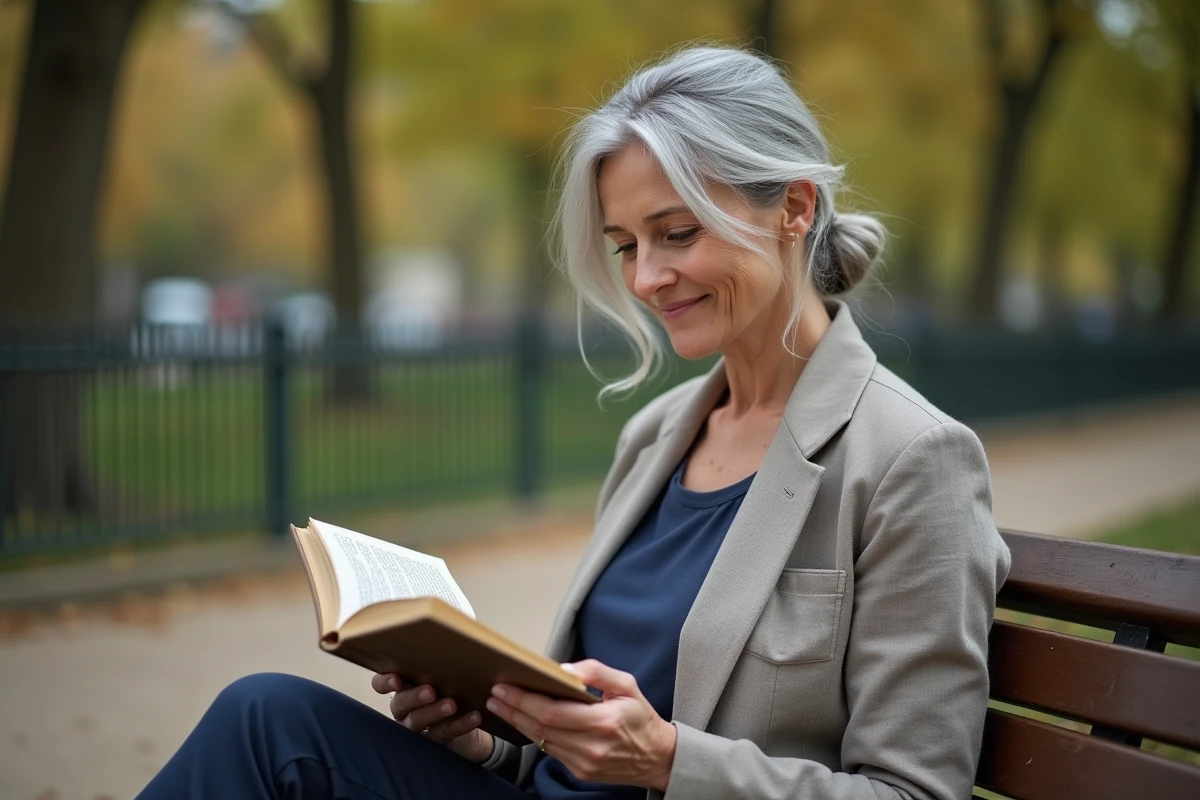 Femme de 50 ans aux cheveux gris argentés naturels lisant dans un parc, incarnant la sérénité de la transition capillaire grise
