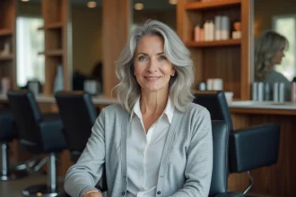Femme aux cheveux gris assise dans un salon moderne