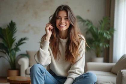 Femme avec cheveux wolfcut souriante dans un salon moderne