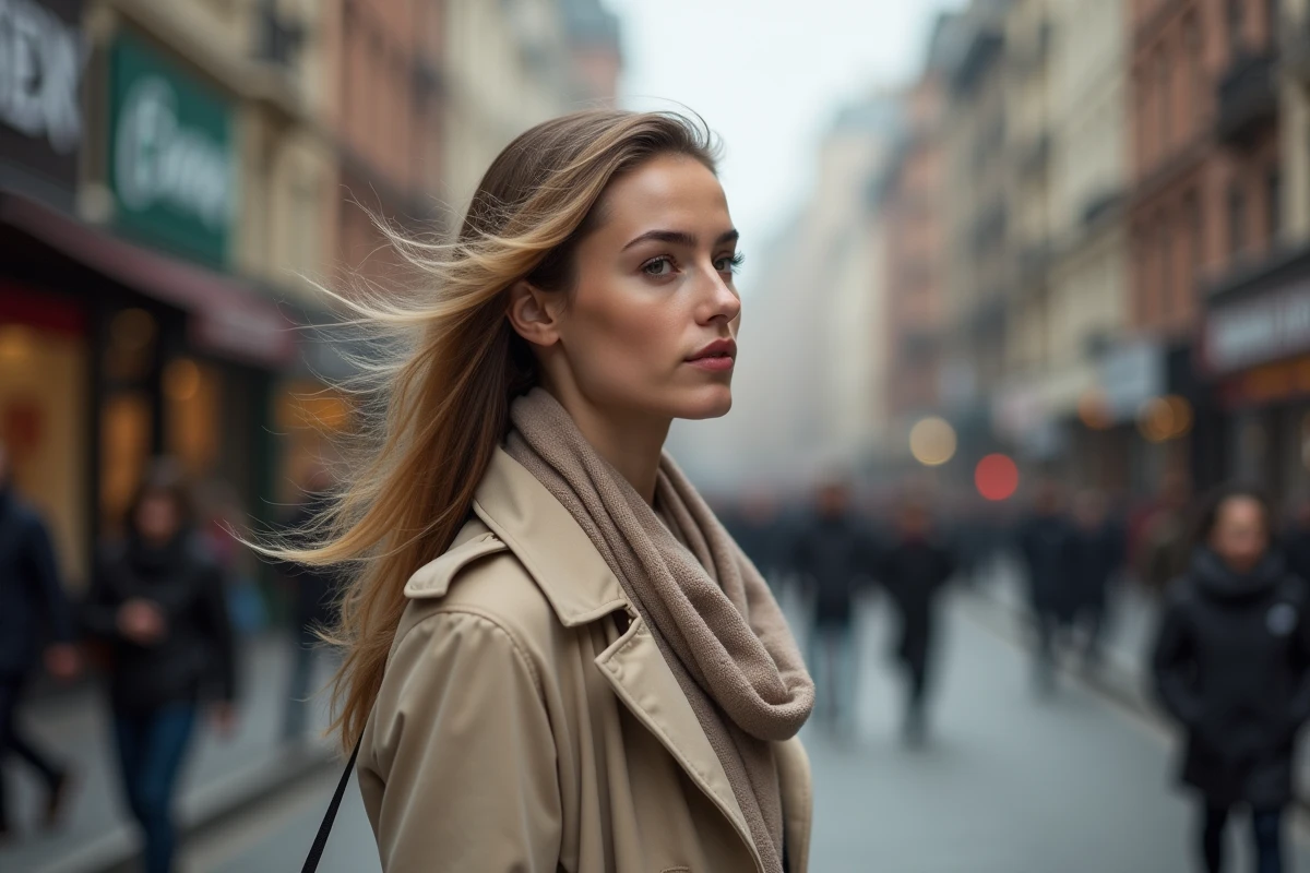 Jeune femme avec wolfcut dans une rue urbaine animée