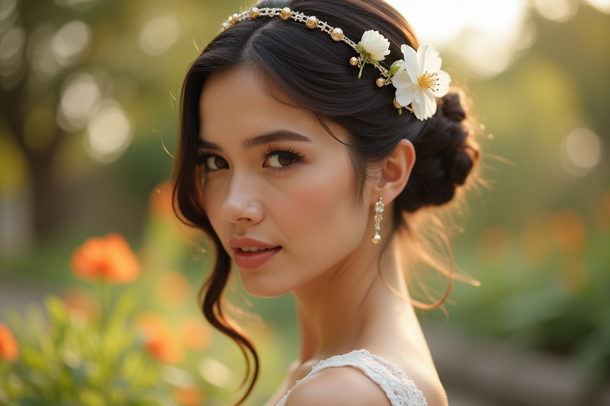 Femme avec coiffure élégante et fleurs blanches