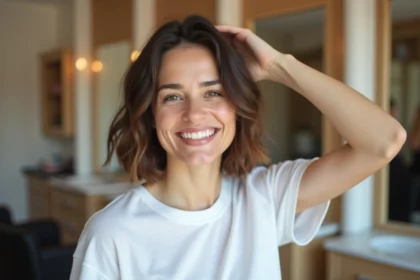 Femme souriante avec coupe moderne dans un salon de coiffure