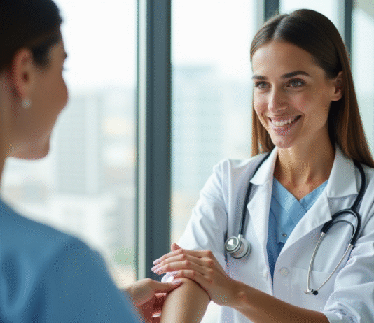 Cicatrices : Médecins capables d’enlever ces marques indésirables ? Femme confiante parlant avec un dermatologue dans un cabinet moderne