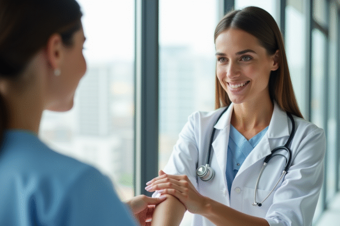 Femme confiante parlant avec un dermatologue dans un cabinet moderne