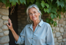 Femme confiante et souriante devant un mur de pierre