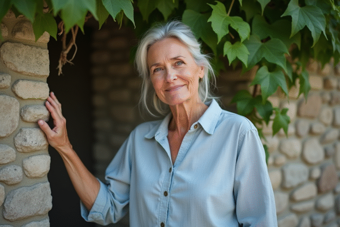 femme-confidence-selfacceptance Femme confiante et souriante devant un mur de pierre