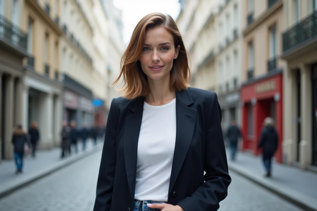 Femme avec une coupe au carré court dans une rue pavée parisienne, style élégant et décontracté
