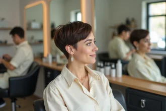 Femme aux cheveux courts coupe pixie dans un salon de coiffure moderne, souriante devant un miroir