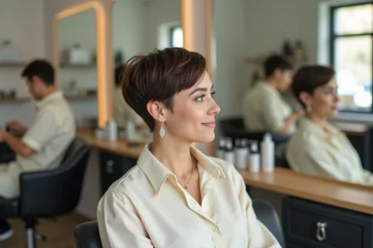 Femme aux cheveux courts coupe pixie dans un salon de coiffure moderne, souriante devant un miroir