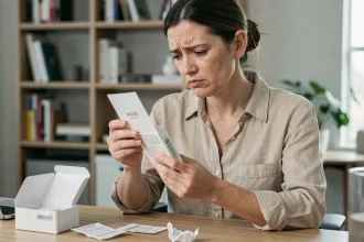 Femme déçue lisant l'étiquette d'un produit de soin Nuvaskin à son bureau, expression sceptique