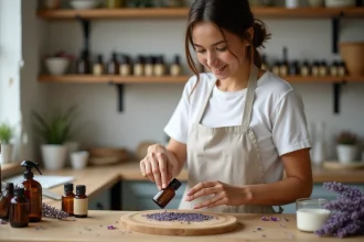 Jeune femme mesurant des fleurs de lavande séchées pour fabriquer ses cosmétiques DIY à petit prix avec des ingrédients naturels