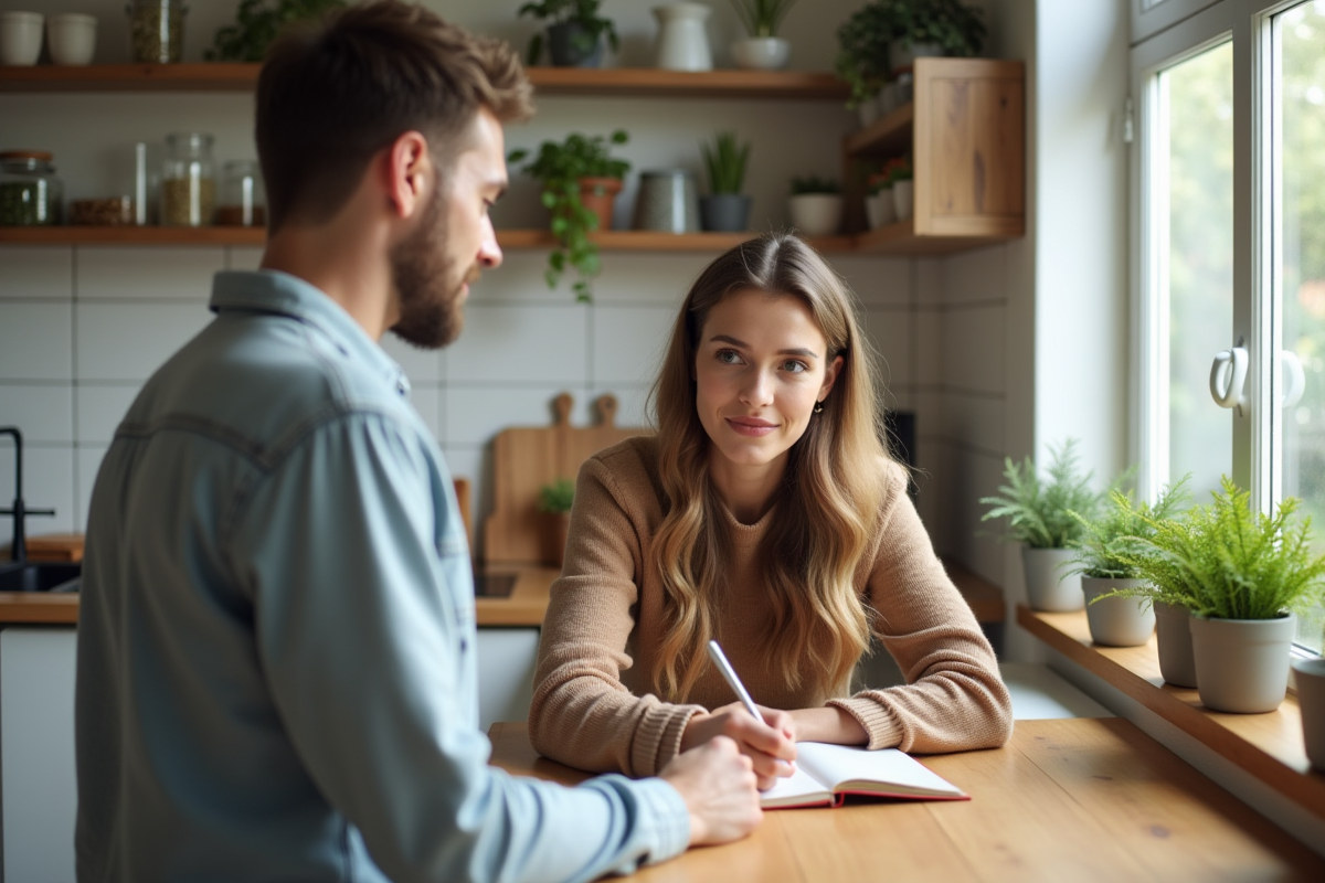 Jeune femme écrivant dans un carnet en cuisine moderne