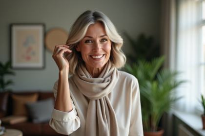 Femme élégante de 50 ans souriante dans un salon cosy