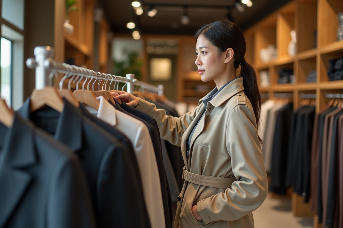 Jeune femme choisissant un manteau dans une boutique