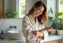 Femme appliquant huile essentielle sur le poignet dans une salle de bain lumineuse