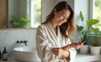 Huiles essentielles corps: où les appliquer pour une bonne odeur! Femme appliquant huile essentielle sur le poignet dans une salle de bain lumineuse