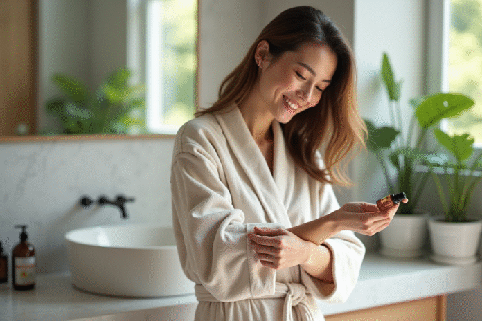 Femme appliquant huile essentielle sur le poignet dans une salle de bain lumineuse