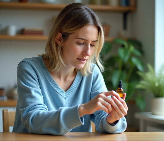 Conseils essentiels pour éviter les huiles à ne pas inhaler : précautions et risques Femme examinant une bouteille d'huile essentielle à la maison