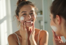 Femme souriante appliquant une creme hydratante visage